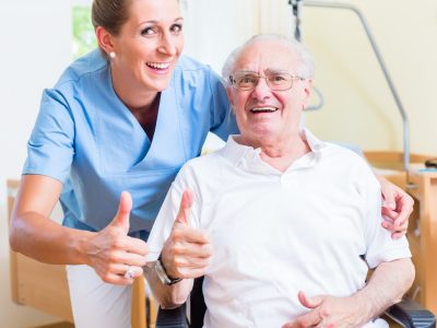 Senior and old age nurse recommending nursing home